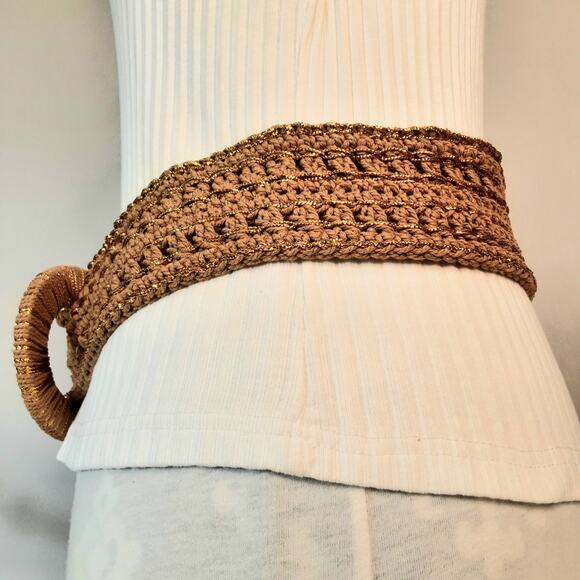 Boho Lux Golden Brown Crochet Belt Medium Waist Jumbro Statement Wrapped Buckle - Picture 2 of 11